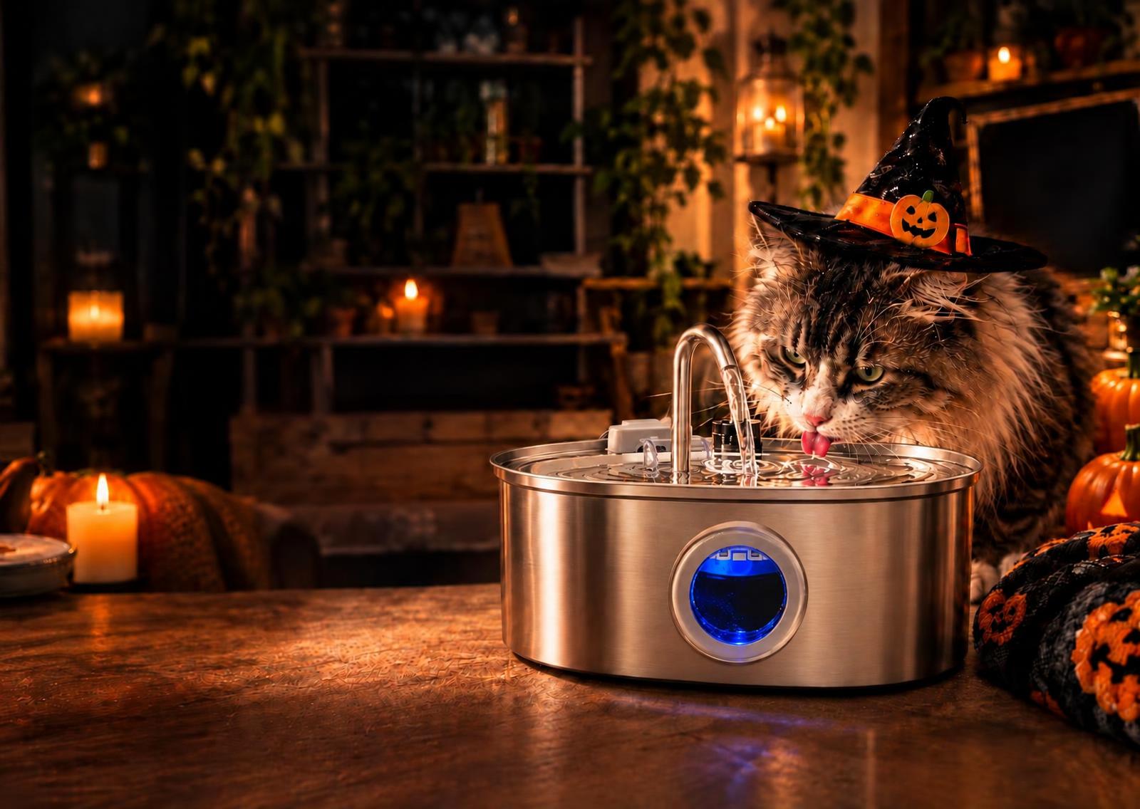 Chat au chapeau de sorcière buvant à la fontaine inox Veyrulis