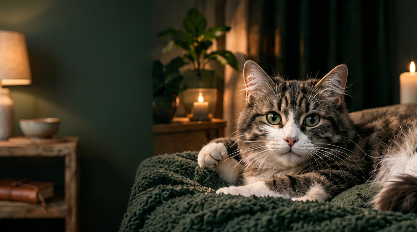 Chat heureux près de sa fontaine